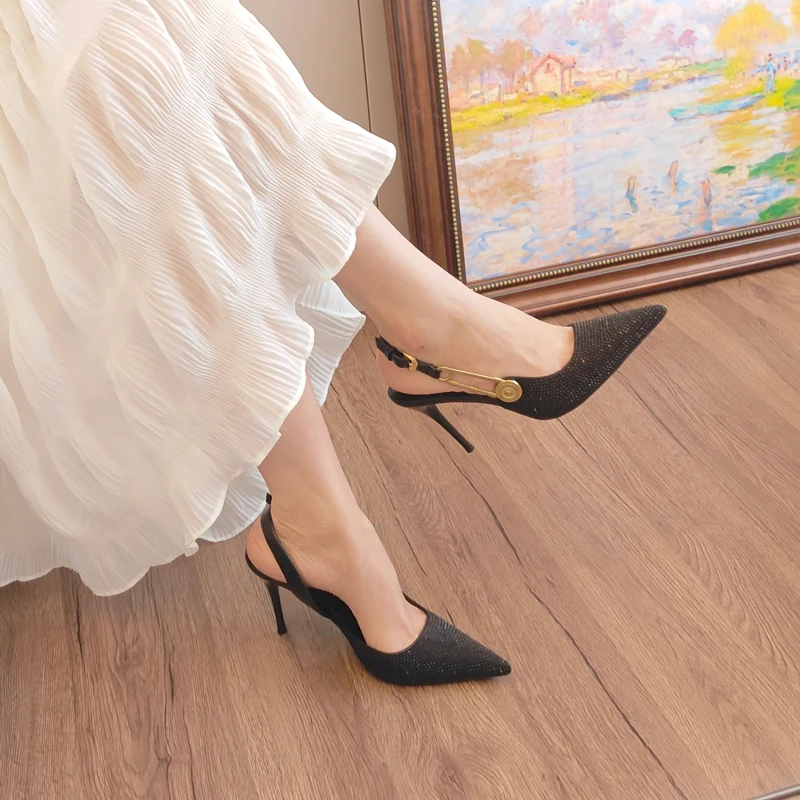 水钻高跟尖头浅口单鞋女24新款百搭网红气质性感搭扣细跟包头凉鞋