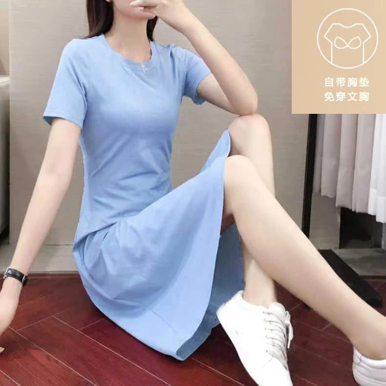 自带胸垫家居服连衣裙女夏季95纯棉短袖收腰修身显瘦可外穿中长款