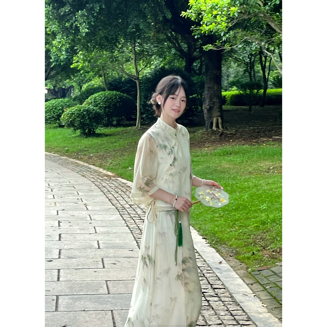 2024新款显瘦气质夏季女装连衣裙新中式国风竹叶古典女装连衣裙