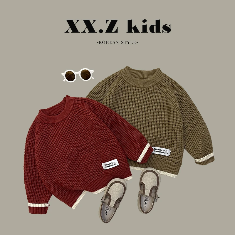 【小南瓜】现货儿童韩版时尚撞色包边贴标保暖针织毛衣HDM3470