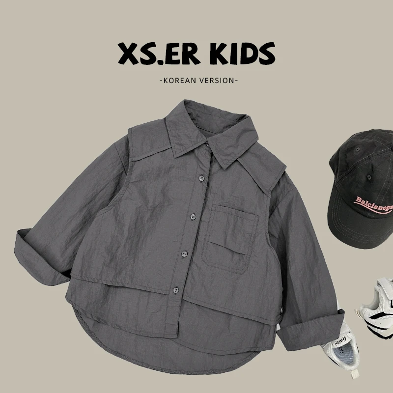 【小南瓜】现货-男童简约潮流衬衫秋季百搭纯色韩版衬衣HBB3873