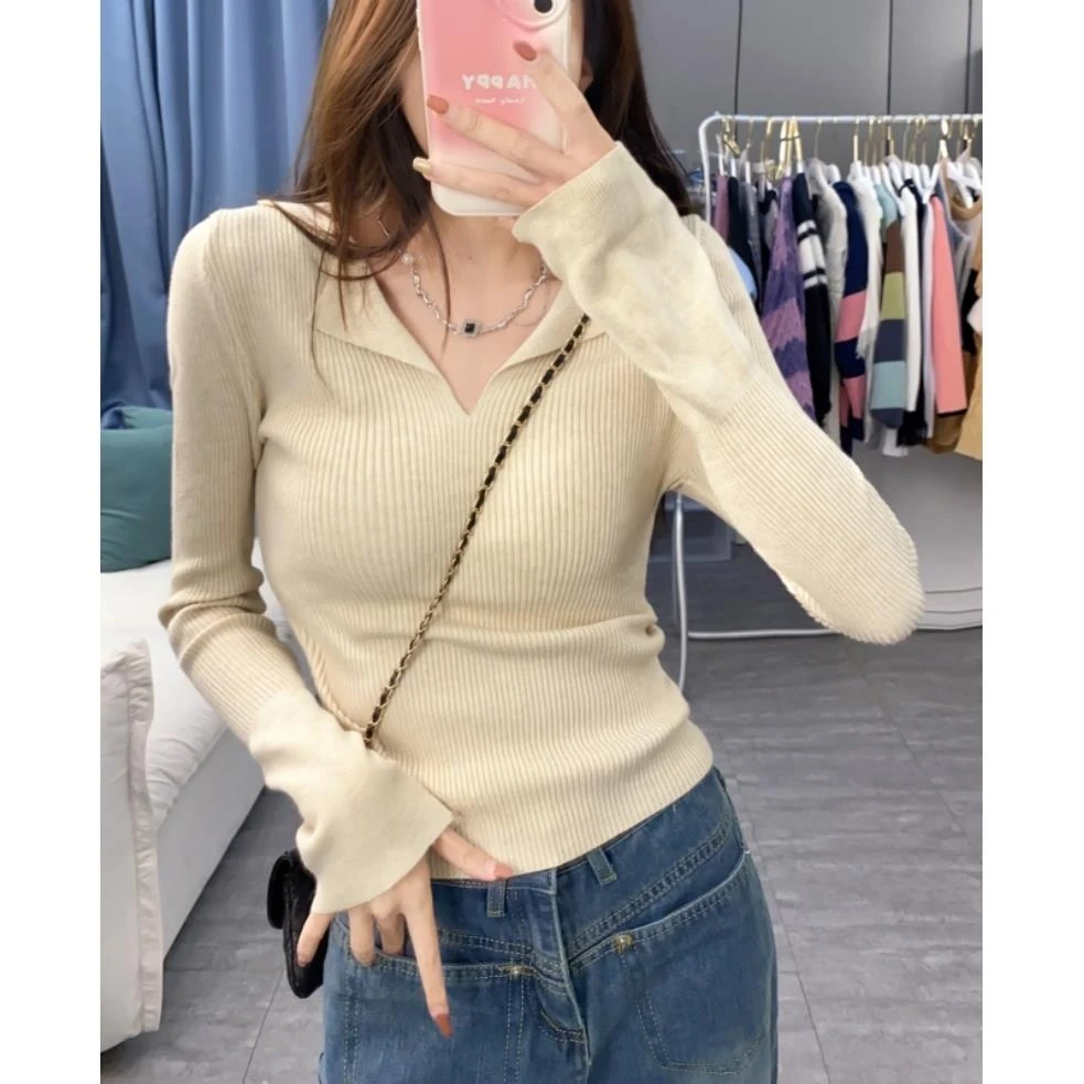 FAVMARTHA法式Polo领长袖针织衫女早秋冬设计感纯欲毛衣打底衫欧