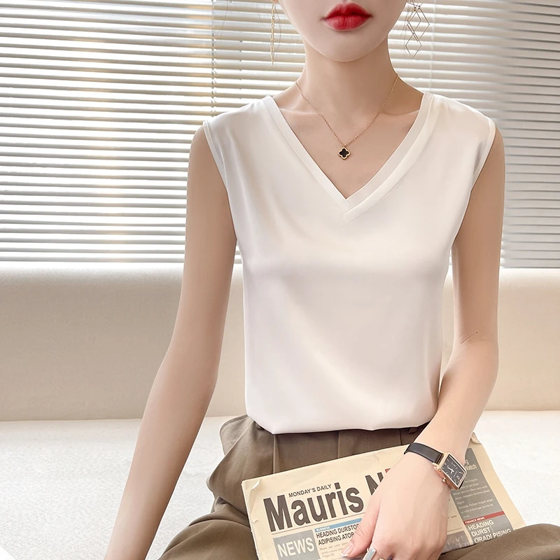 V领无袖小众吊带背心春夏缎面西装内搭高级百搭薄款打底衫上衣