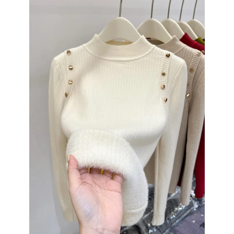 加绒加厚毛衣女2023新款冬一体绒打底衫高级感洋气女内搭保暖上衣