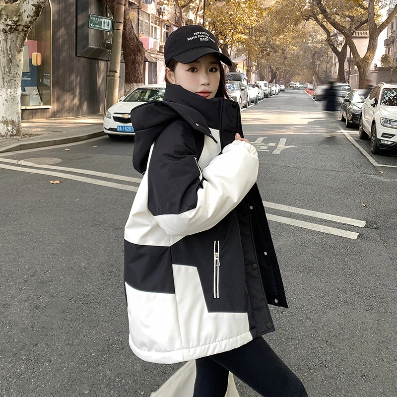 2025年冬季新款羽绒棉服女撞色棉衣韩版时尚加厚冲锋衣休闲外套潮