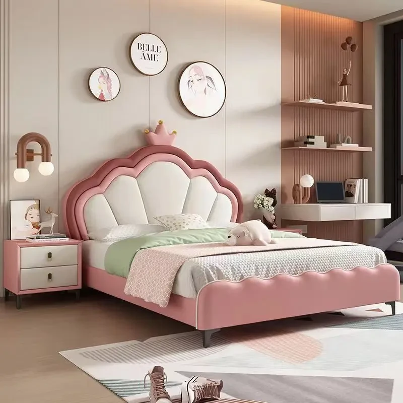 儿童床公主床卧室小孩单人床1.5米女孩储物软包皮床皇冠女儿床