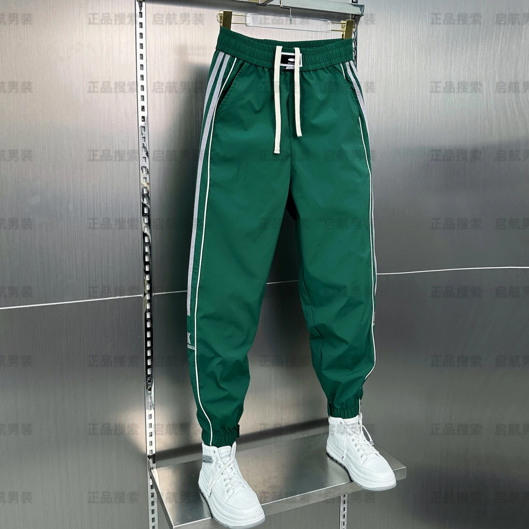 夏季薄款条纹百搭休闲男裤潮流速干哈伦宽松透气束脚运动裤