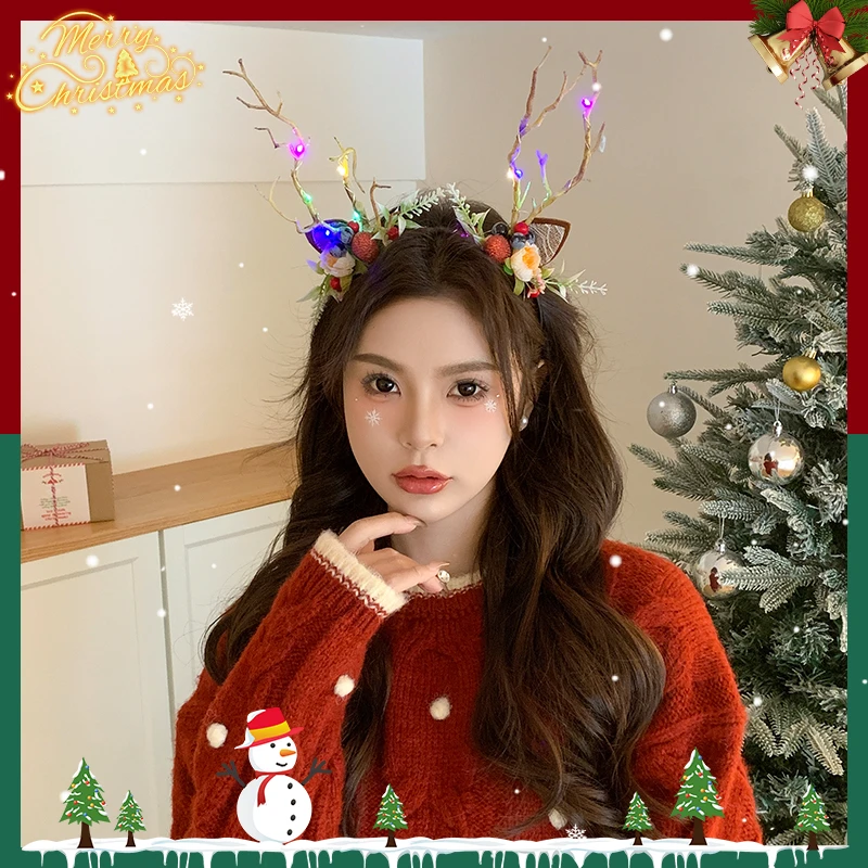 圣诞节会发光的鹿角发箍女节日装扮发饰2023新款麋鹿头箍发卡头饰