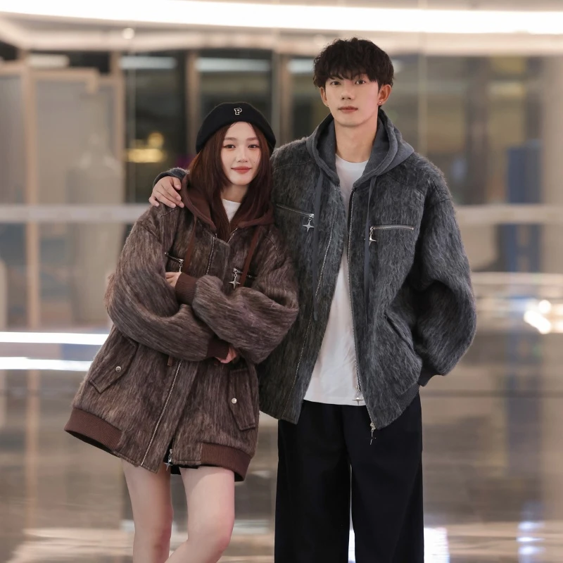 休闲高端中长款情侣装短款连帽假两件毛呢夹克秋冬韩系炸街外套