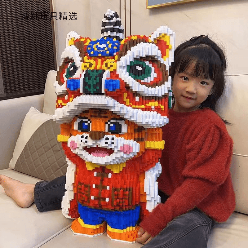 巨大客厅摆件红醒狮老虎兼容积木女孩玩具拼图高难度益智摆件