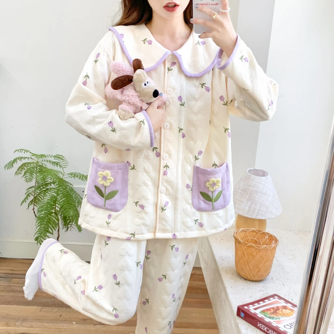 1春秋冬季产后加厚喂奶空气棉孕妇睡衣
