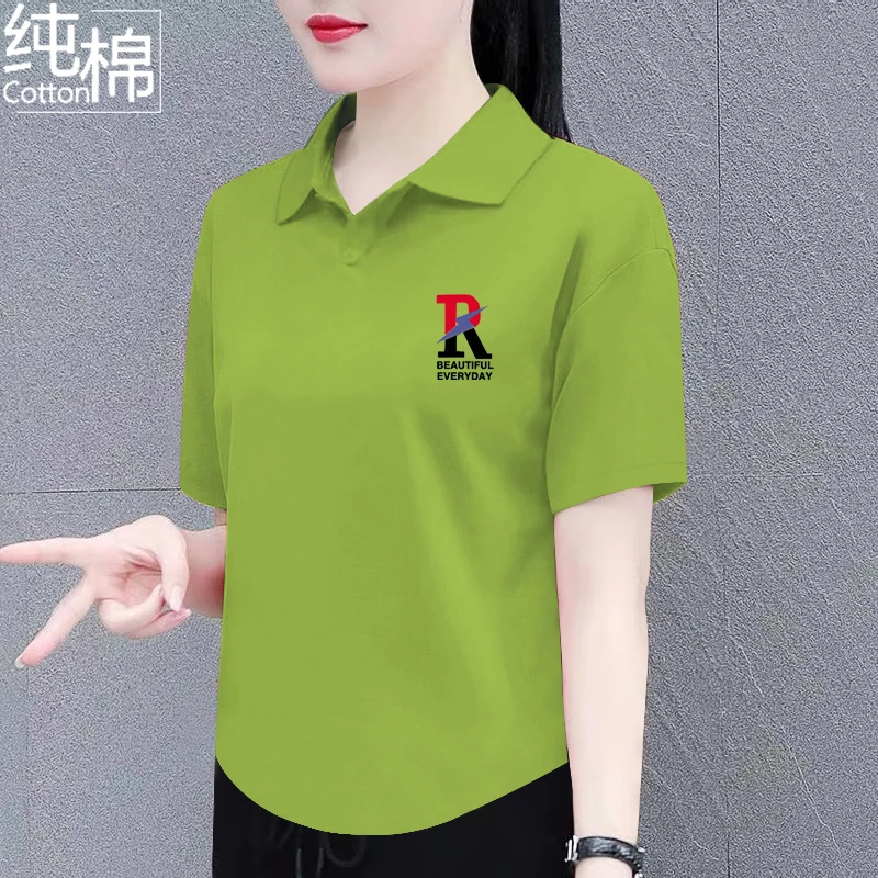 重磅100%纯棉翻领短袖t恤女夏季休闲百搭显瘦时尚洋气polo领上衣