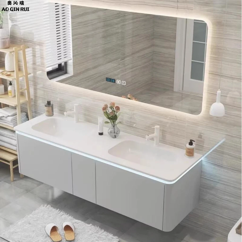 定制实木智能浴室柜组合双台盆国产亚克力一体盆卫生间洗脸洗手盆