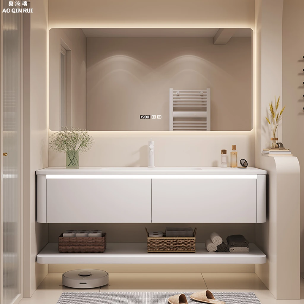 奶油风进口陶瓷一体洗漱台浴室柜卫生间岩板洗手洗脸盆柜组合网红