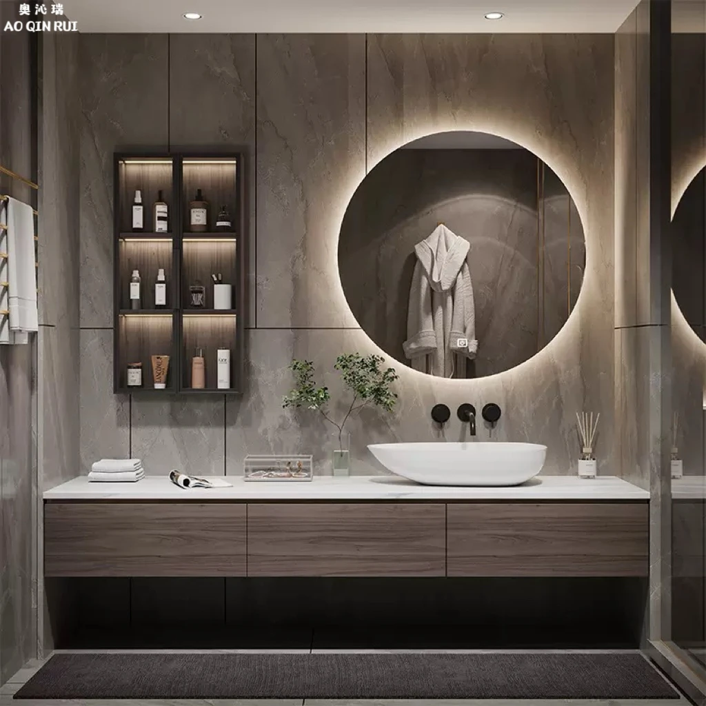 奥沁瑞现代轻奢岩板台上盆浴室柜组合洗手台洗脸盆洗漱台盆柜定制