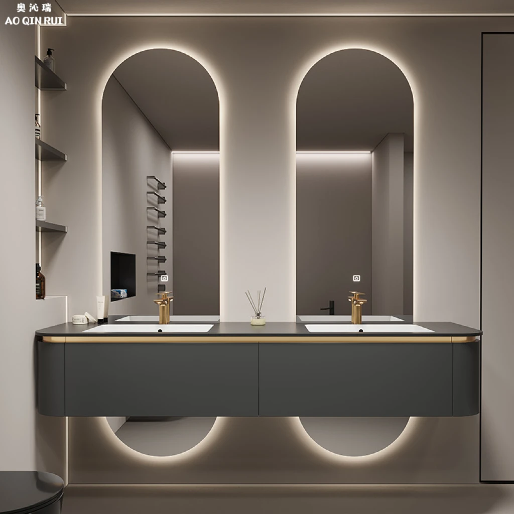 意式轻奢洗漱台岩板一体无缝盆浴室柜组合高端酒店风洗手洗脸双盆