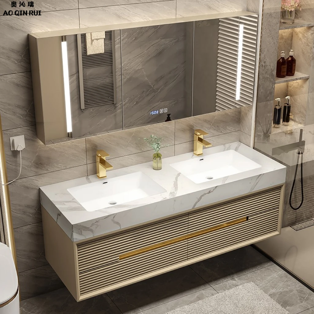 轻奢岩板一体盆浴室柜组合现代简约洗脸手池洗漱台柜无缝陶瓷双盆
