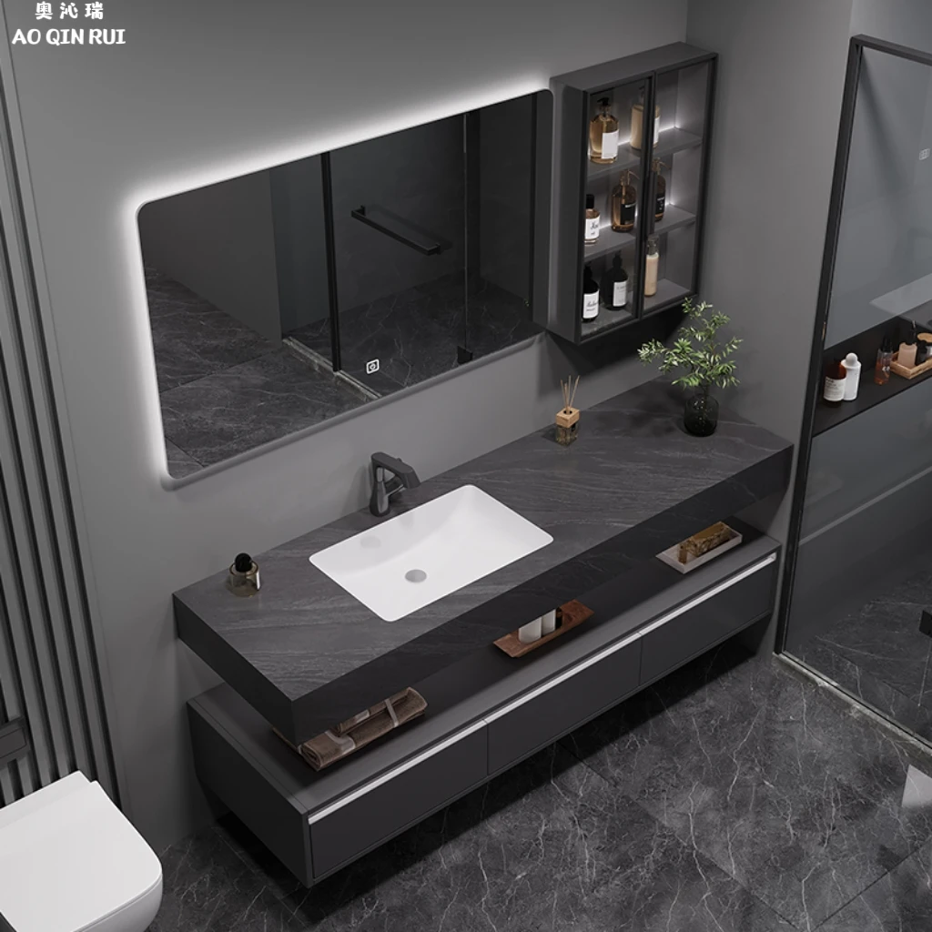 浴室柜酒店风双层岩板洗漱卫生间洗手盆一体台面2025洗手池