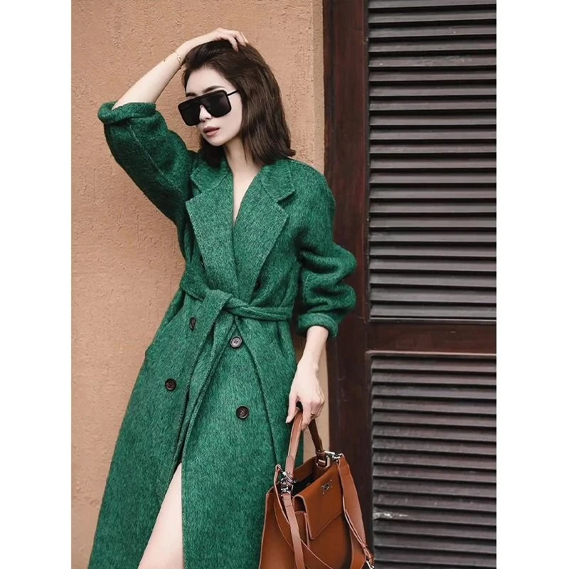 秋冬新款双面羊绒粉色羊毛外套女赫本风双排扣腰带高级显白大气款