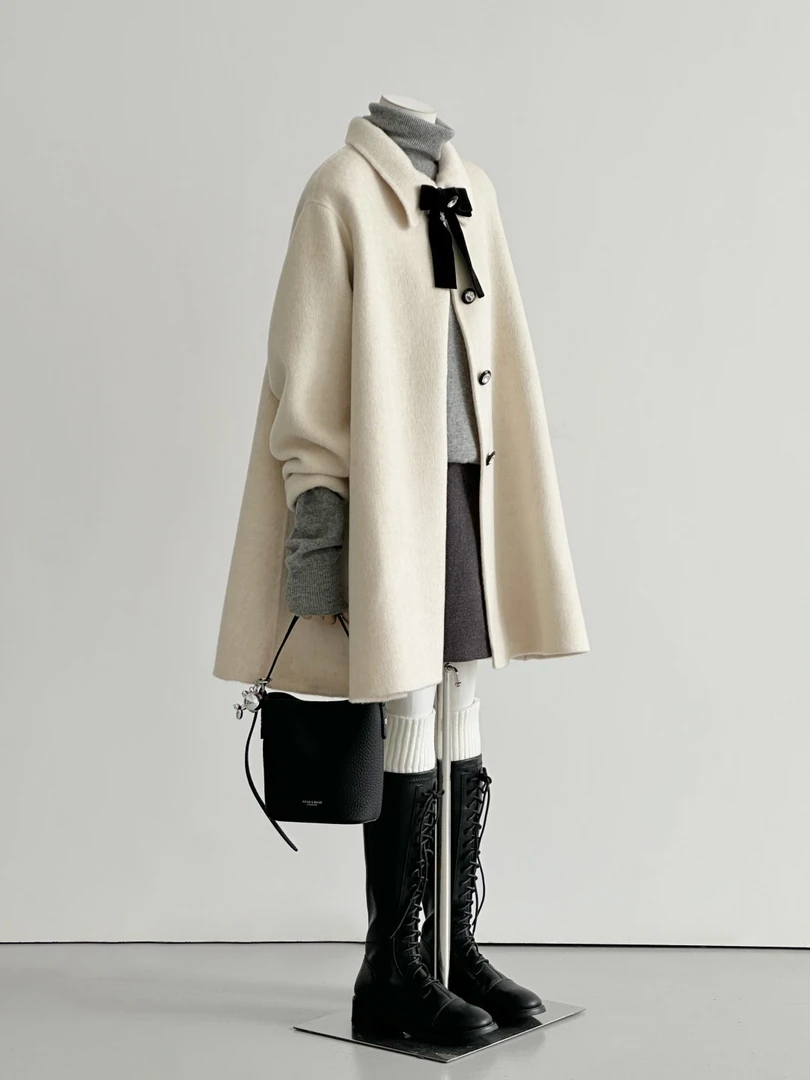 双面羊绒大衣女2024秋冬新款斗篷白色卓雅风蝴蝶结小个子羊毛大衣