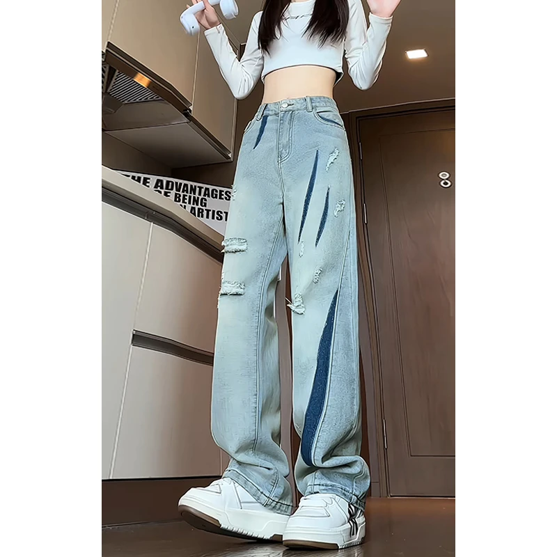 扎染破洞牛仔裤男秋冬直筒宽松水洗做旧裤子潮牌美式阔腿休闲长裤