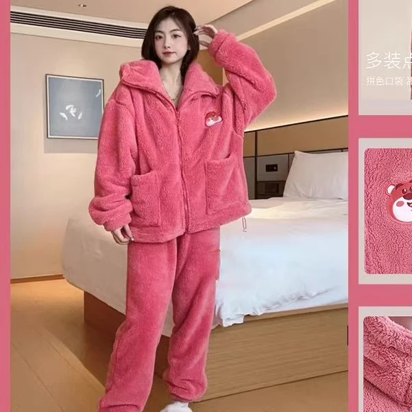2024年秋冬季新款加厚珊瑚绒睡衣女睡衣套装秋冬季家居服可外穿