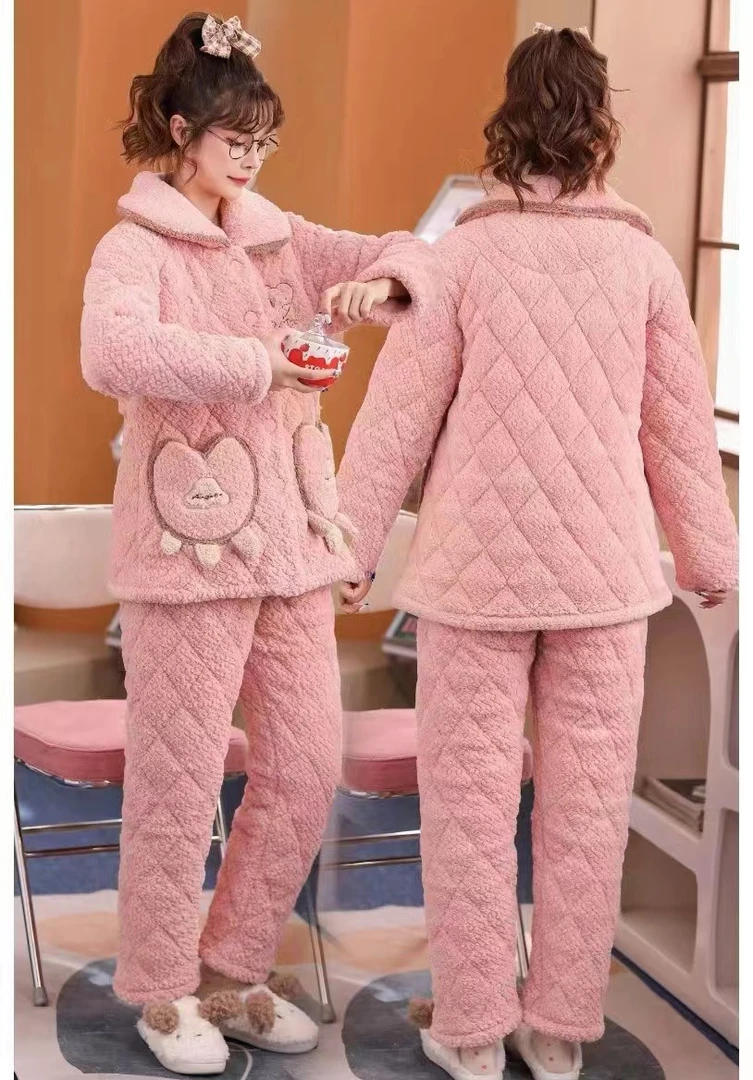 睡衣女秋冬季2023年新款三层夹棉加厚保暖大码家居服套装
