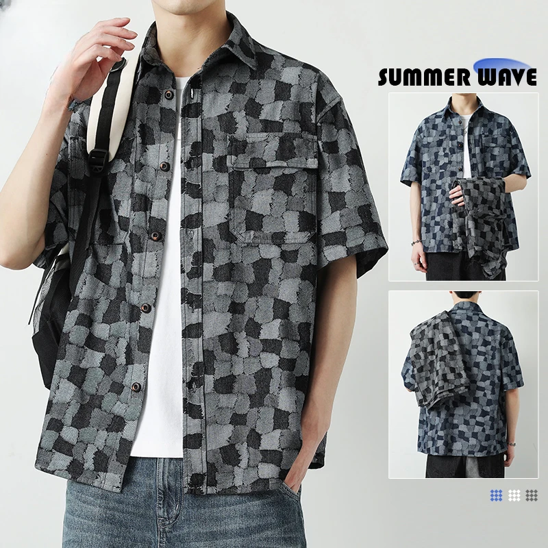 夏季男士宽松提花工装衬衫百搭休闲薄款潮牌男牛仔帅衬衣外套潮