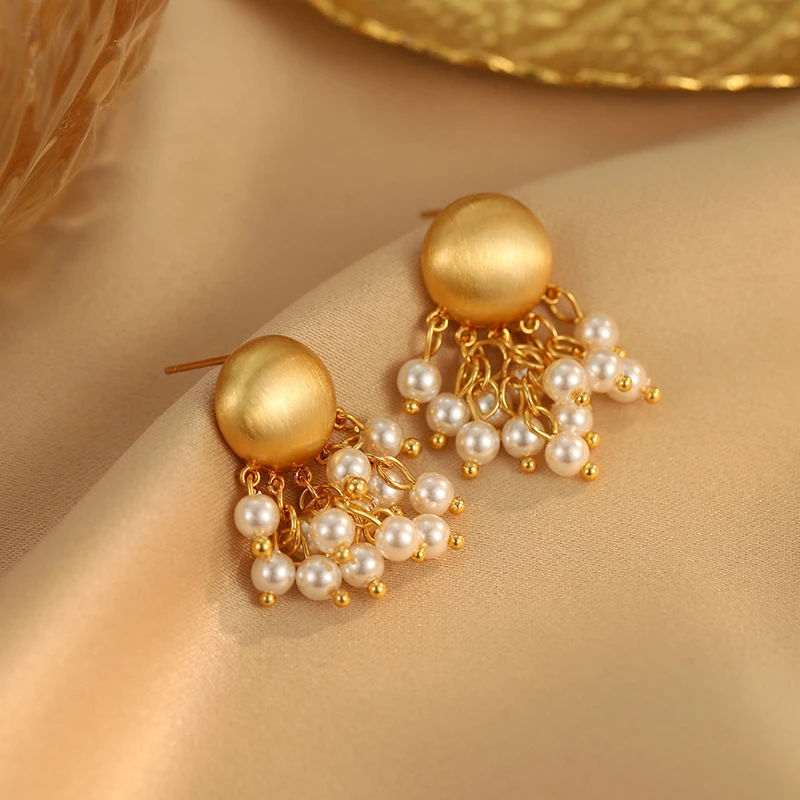 铜合金仿珍珠耳饰 法式复古珠流苏耳环手工时尚气质轻奢耳坠0865