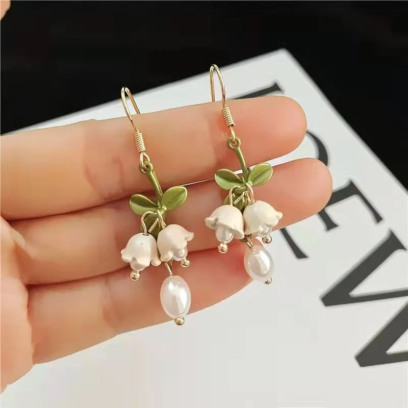 合金仿珍珠耳饰 时尚小清新复古铃兰花贝珠精致花朵优雅森系耳钩