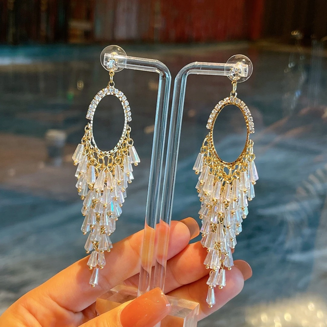 合金合成锆石耳饰 LinWei/醉清欢麦穗流苏时尚耳环气质高级感长款