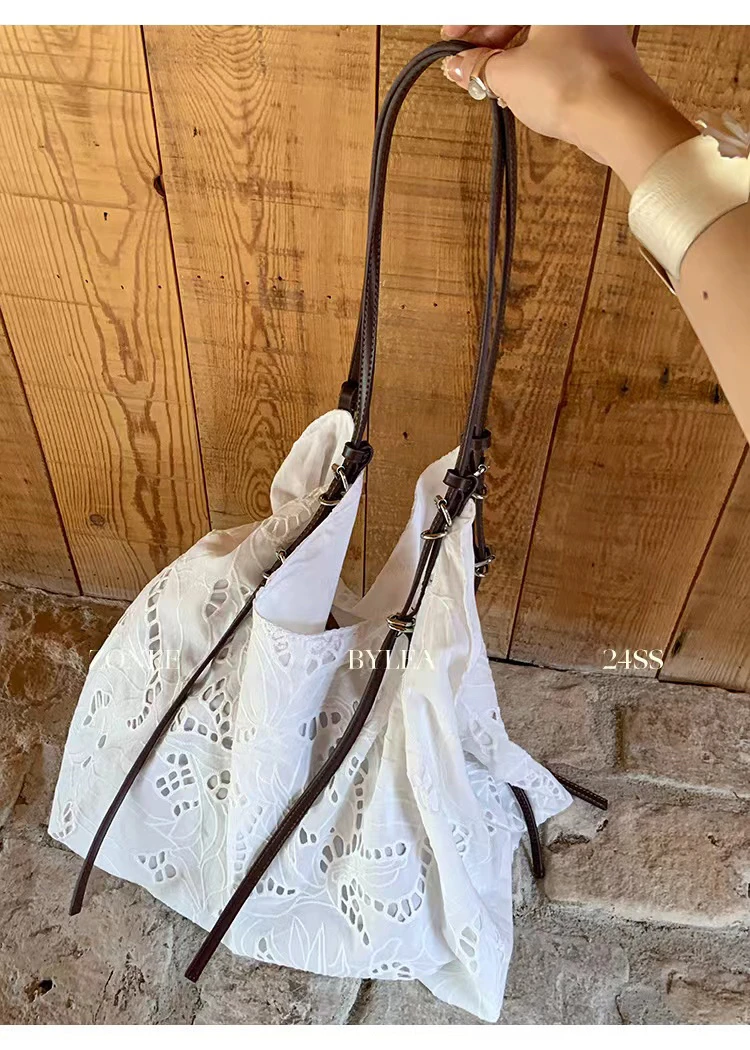 夏季新品 女包 白色大容量刺绣单肩手提购物包