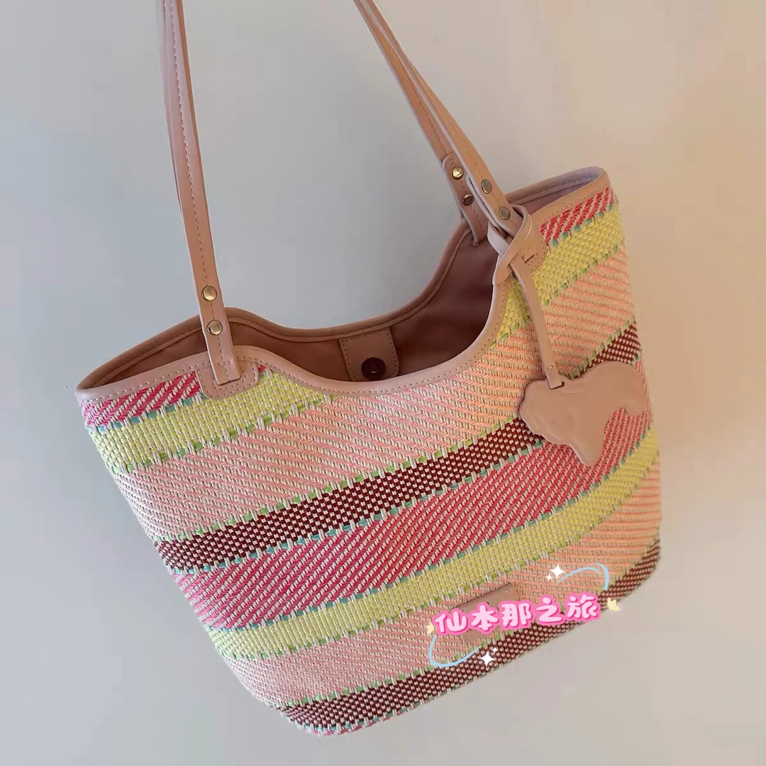 夏天大容量托特包包编织包彩虹单肩大包