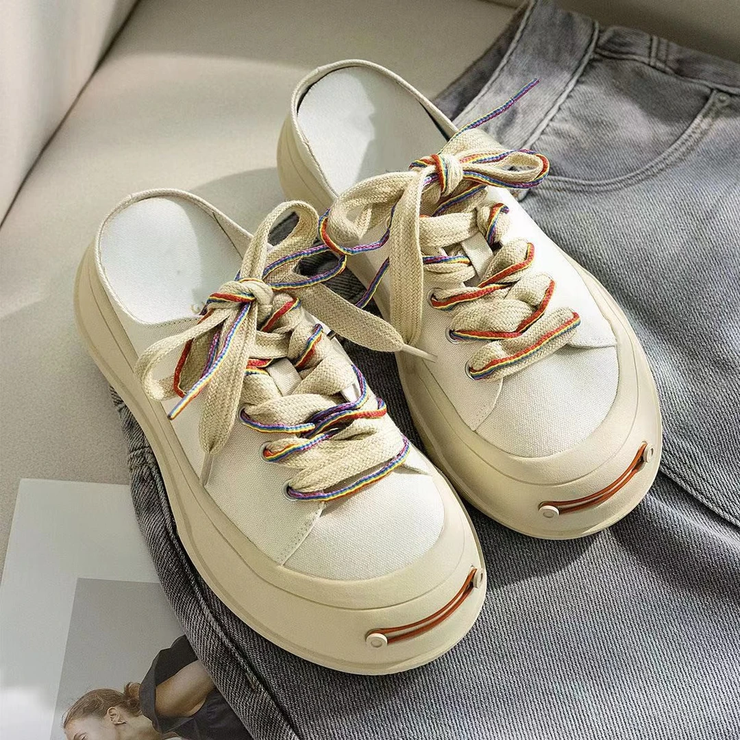 贝壳微笑帆布2025年百搭复古包头一脚蹬半拖厚底拖鞋2008女款