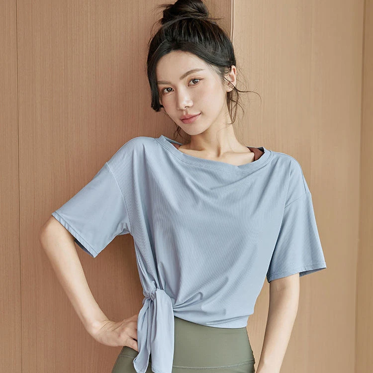 运动短袖女宽松t恤速干跑步训练健身瑜伽服薄款开叉圆领上衣女秋