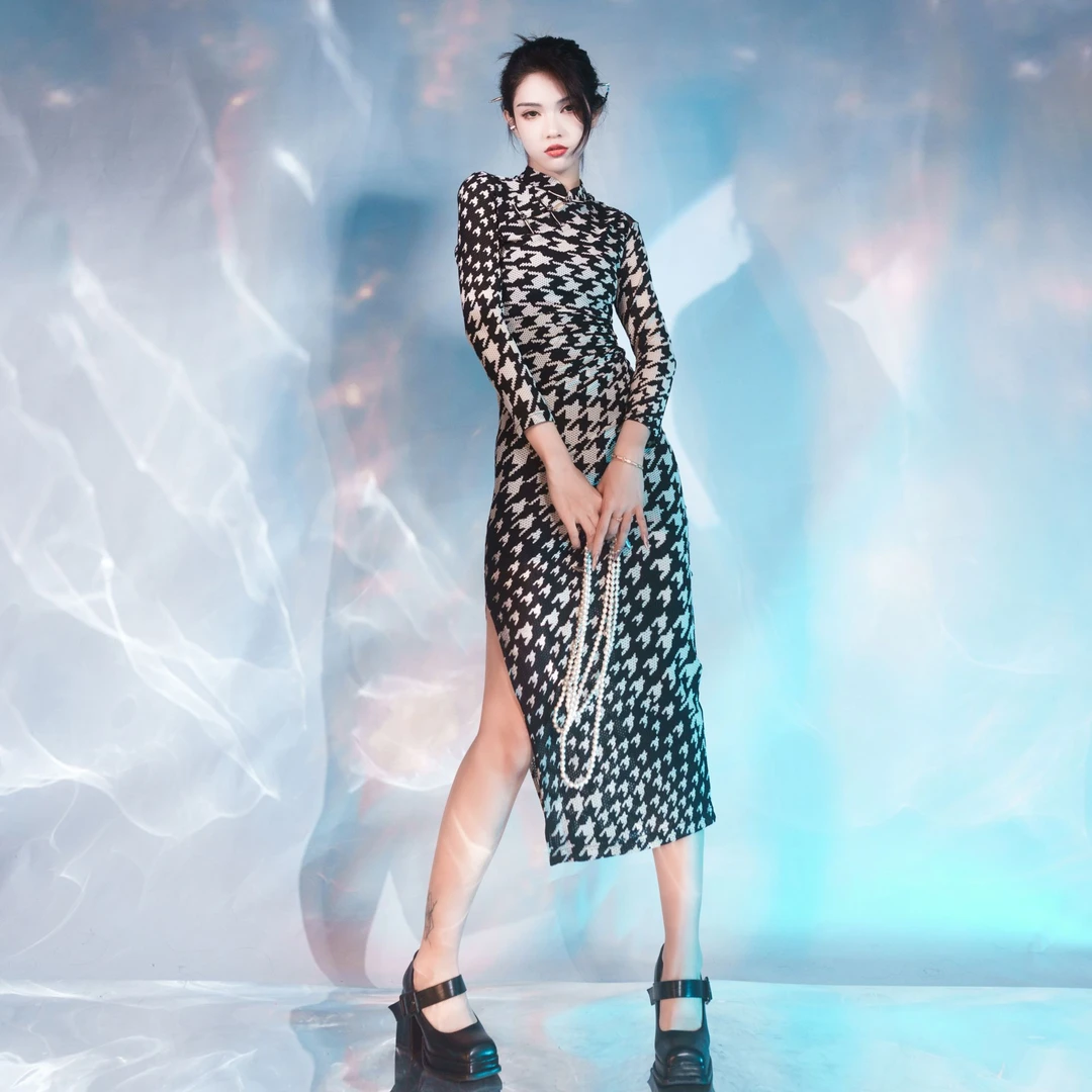 妖客千杯鹤立C231911千鸟格纹刺绣旗袍长袖旗袍裙国风设计师品牌