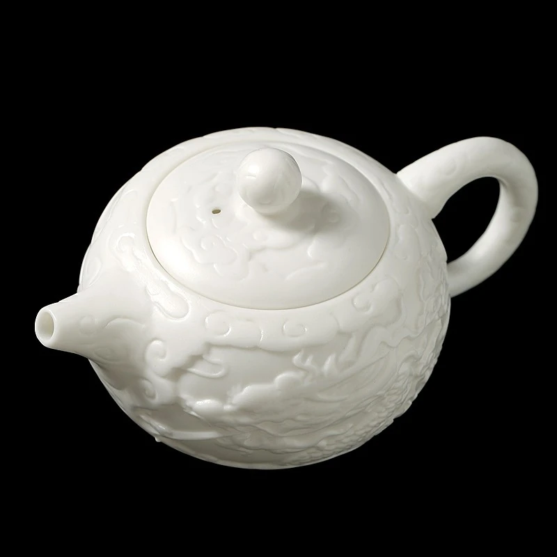 德化羊脂玉白瓷壶素烧浮雕祥龙茶壶中式陶瓷功夫茶具家用泡茶单壶