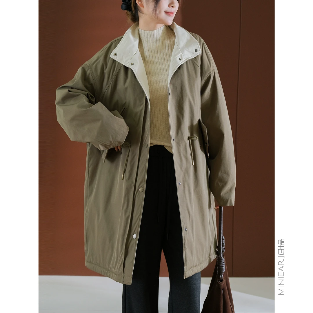 与默出品【暖炉邮局】纯色中长款加绒外套立领中性风挺括感上衣女