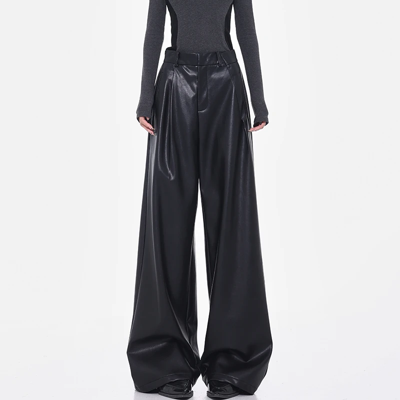 KEN STUDIO秋冬新款复古黑色西装版型PU皮裤女高腰宽松垂感阔腿裤