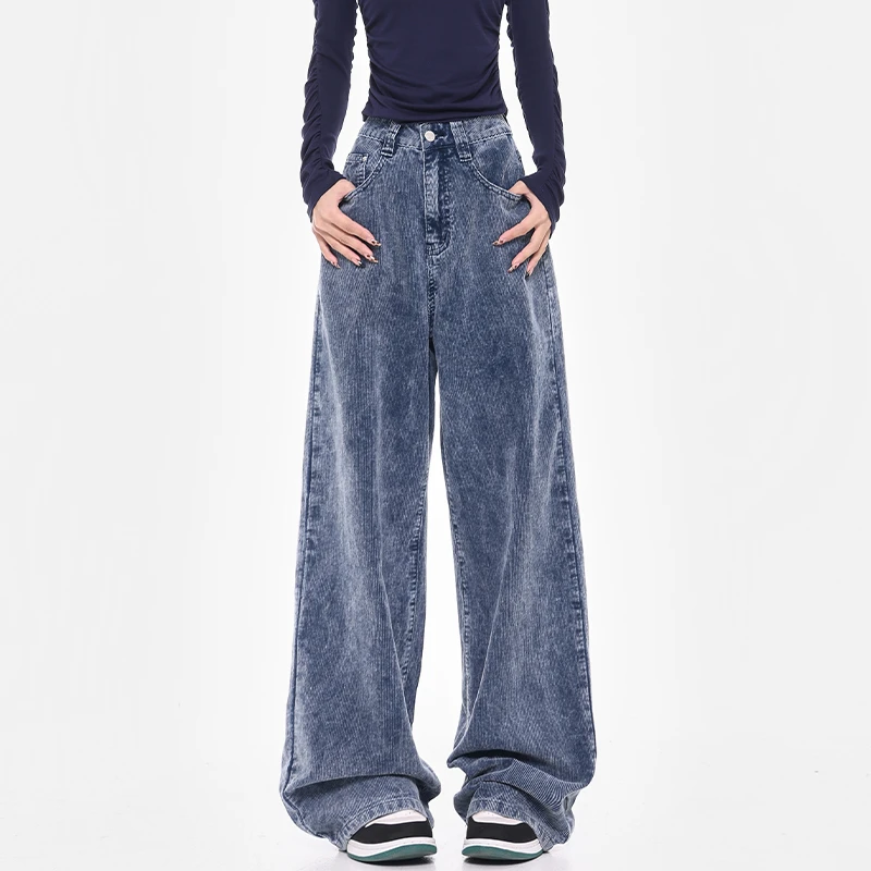 KEN STUDIO秋冬新款蓝色灯芯绒阔腿牛仔裤女高腰宽松显瘦拖地裤子