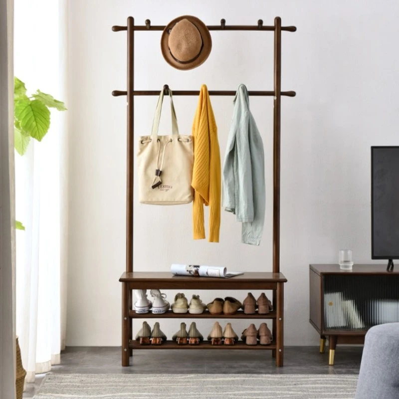 阿爽严选实木衣帽架＋换鞋凳长80*宽30*高170cm落地置物家用
