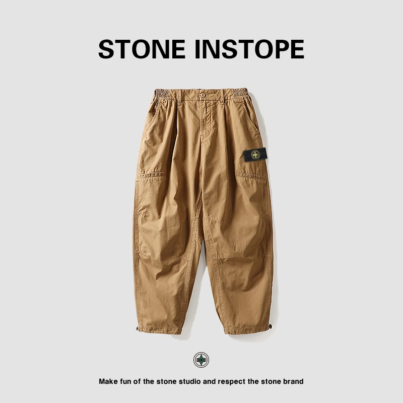 石头岛工匠工装裤男日系复古潮牌宽松纯棉抽绳长裤STONE刺绣裤子