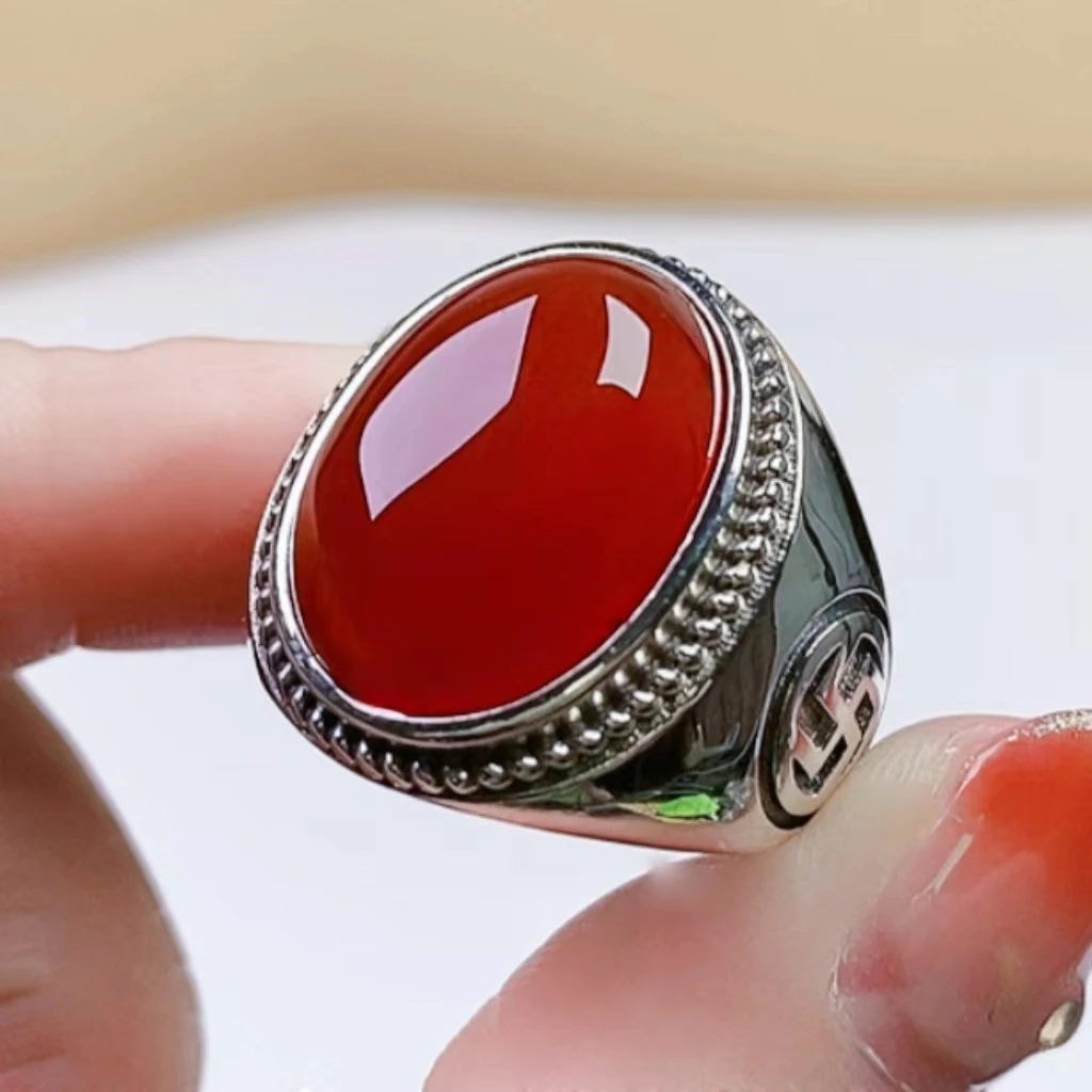 S925银镶嵌天然红玛瑙高端大蛋面戒指