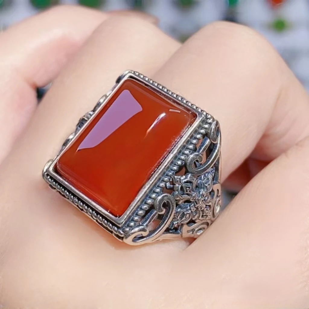 S925银镶嵌天然红玛瑙复古风重工大方男戒