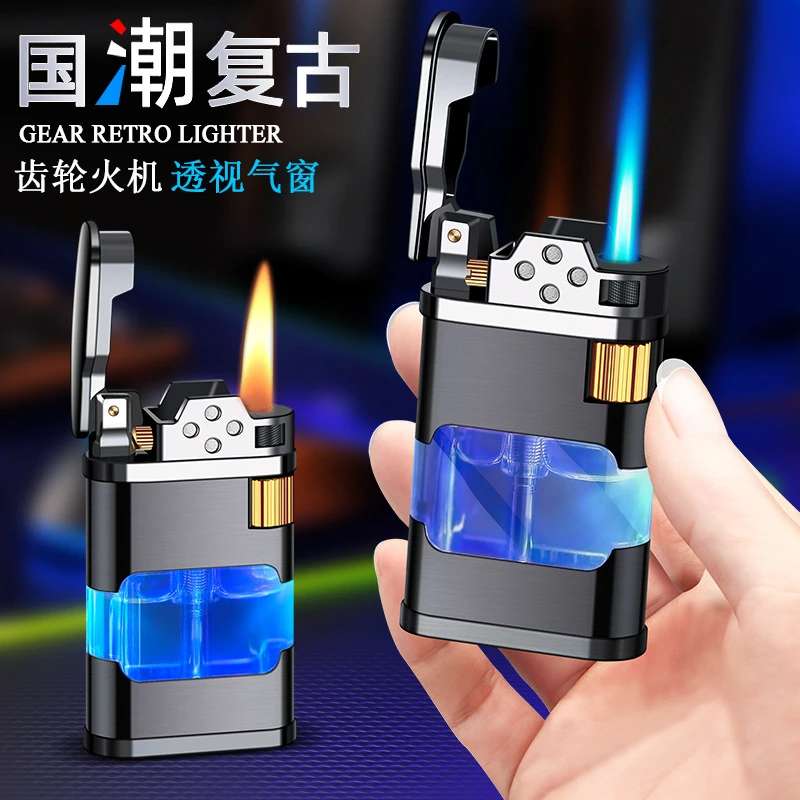 创意LED透明气仓防风直冲蓝焰打火机侧面滑轮点烟器个性送男友潮