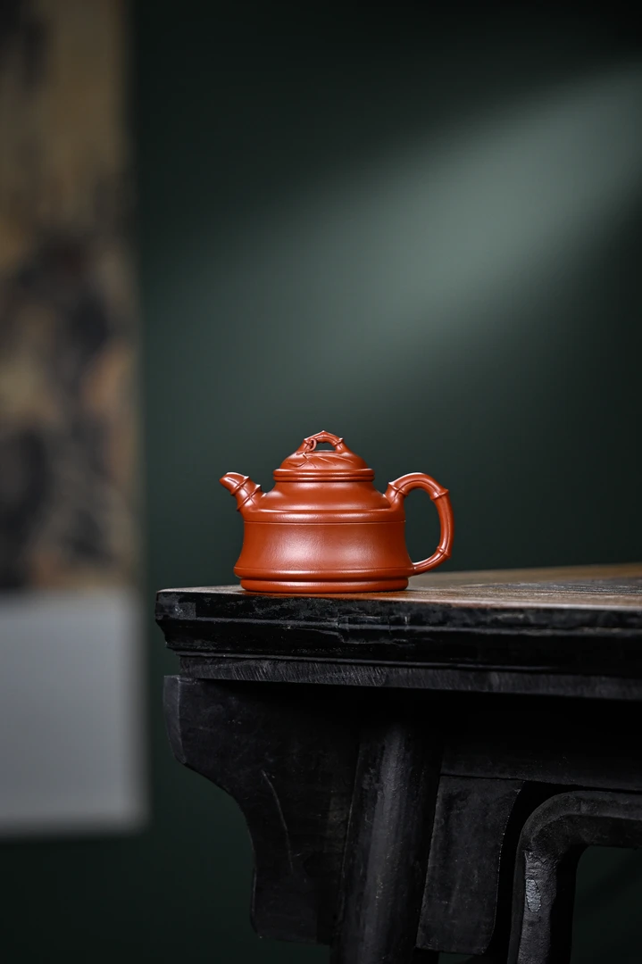 【朱泥·圆竹鼎】宜兴原矿紫砂朱泥精工手工制作圆竹鼎275cc