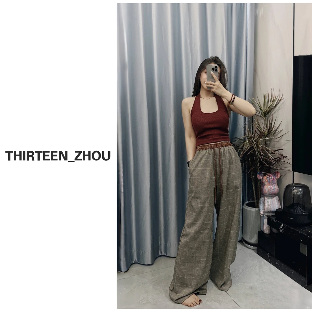 【初一ZHOU】丝绒腰头拼接格子裤抽绳宽松慵懒阔腿裤