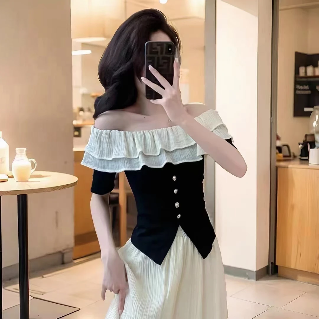 凡晓诺爆款纯欲名媛风法式荷叶领一字肩显瘦小众气质洋气针织上衣