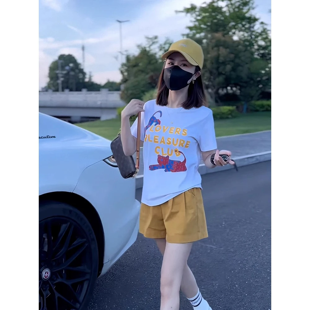 港风时尚百搭趣味印花短袖t恤夏季女装2025新款减龄显瘦白色上衣