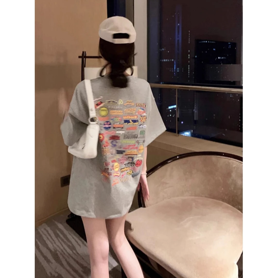 韩版白灰色港风短袖t恤女2025百搭宽松ins设计感显瘦休闲上衣